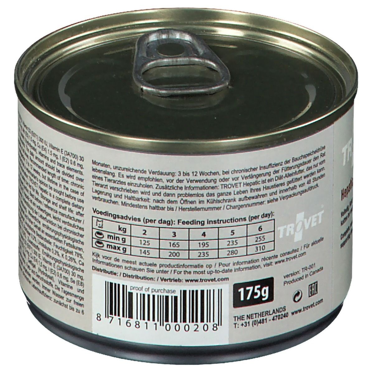 Boîte avec texte. TROVET Hepatic. Recommandations d'alimentation. Silhouette de chat. "Veterinary exclusive".