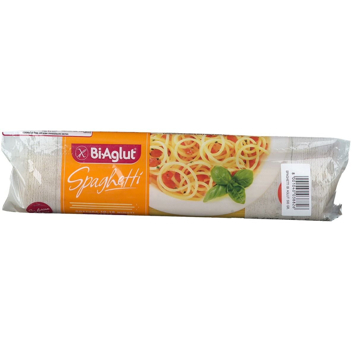 Paquet de spaghetti. Inscription : Bi-Aglut Spaghetti. Illustration de spaghetti avec tomates et basilic.