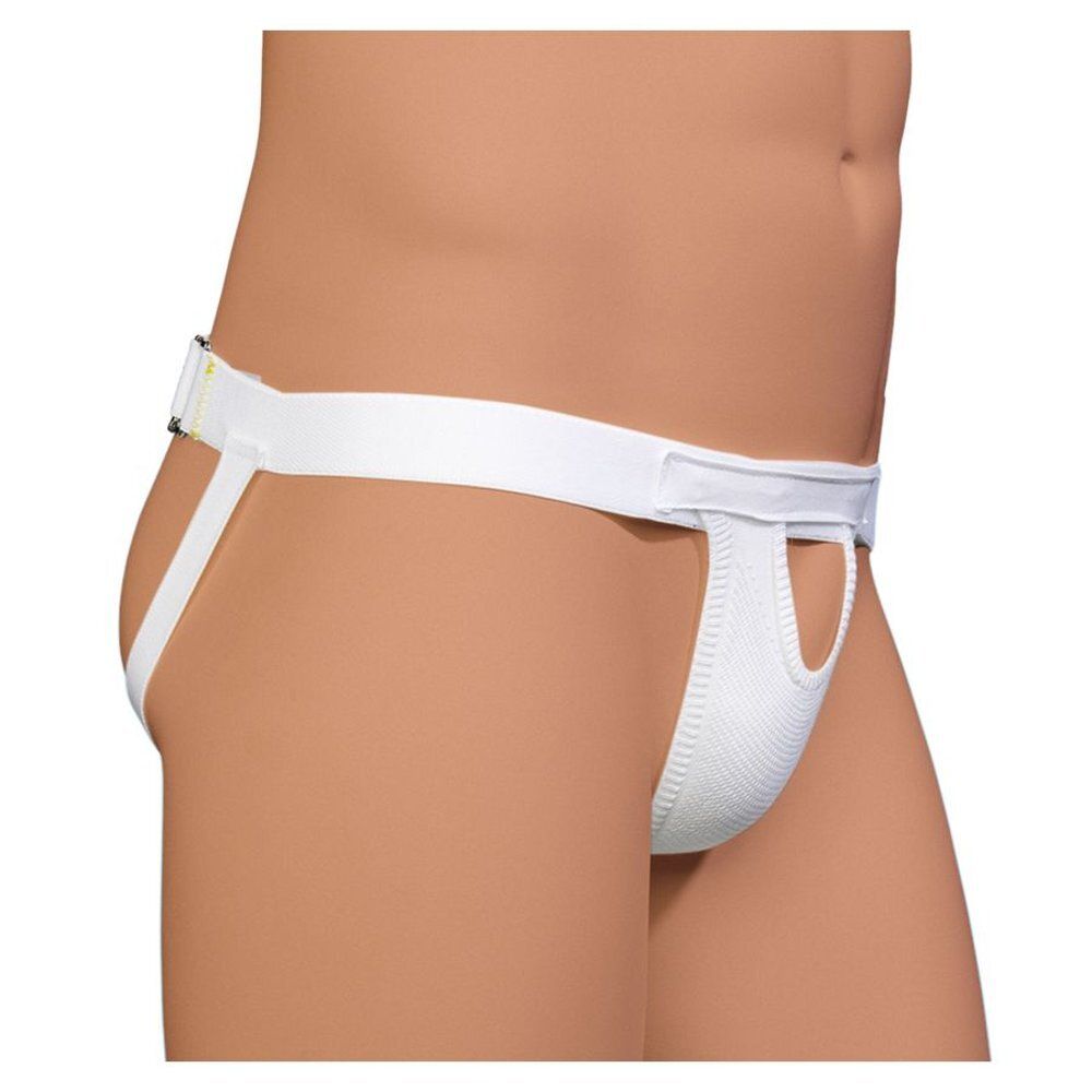 Bota Elasta Suspensoir blanc. Vue latérale. Ceinture réglable, ouverture pour le pénis.