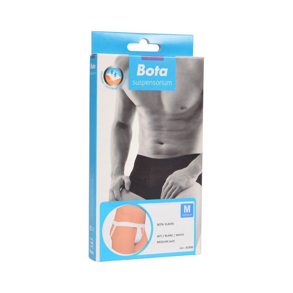Emballage Bota Suspensiorium. Homme illustré. Nom du produit, taille M, couleur blanche.