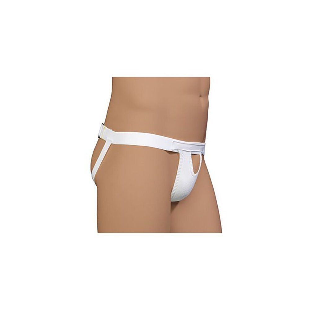 Suspensoir Bota Elasta blanc. Vue latérale. Produit avec sangles de jambe et ouverture centrale. Sur fond clair.