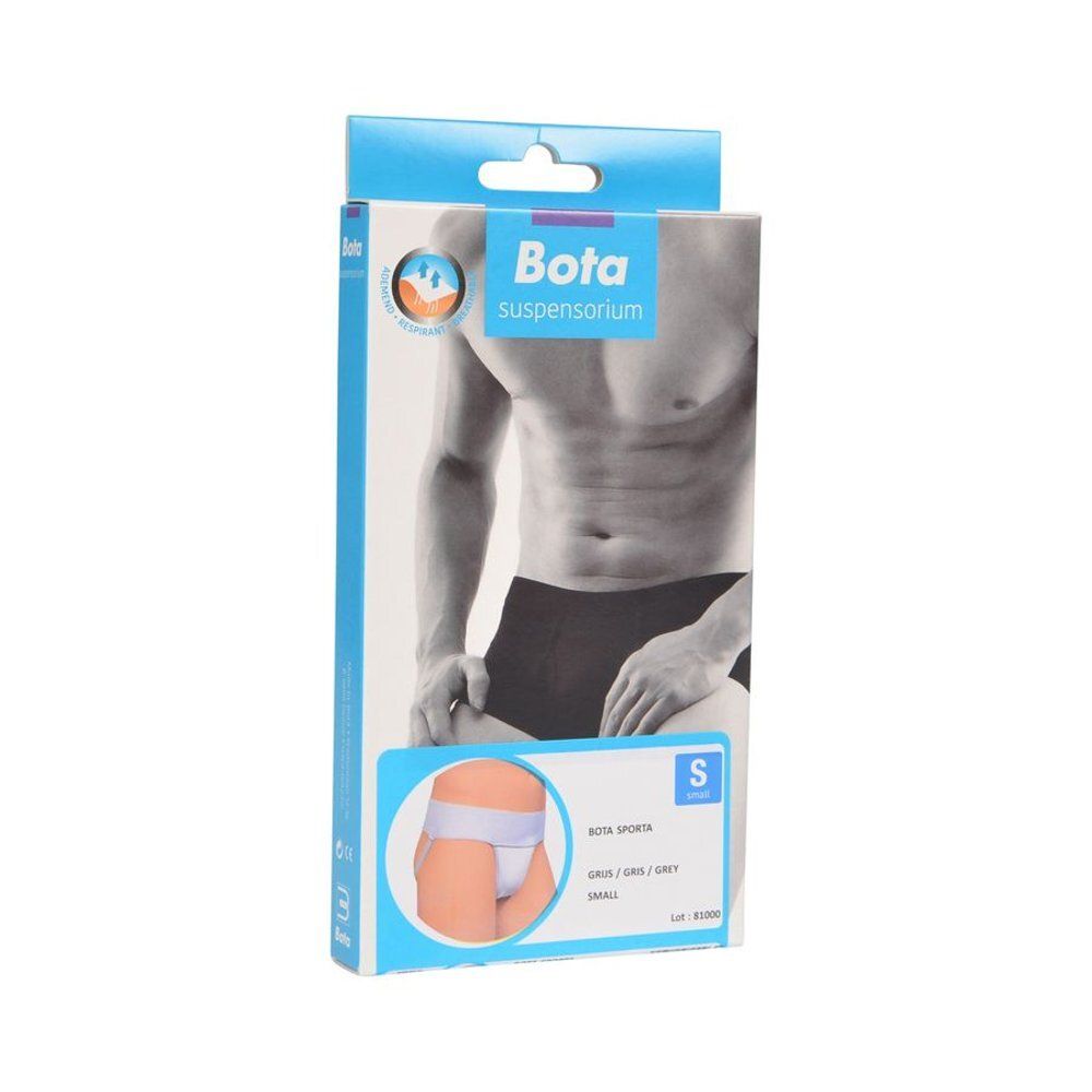 Emballage Bota Strap Sporta S. Illustration d'un homme. Image du produit: suspensoir gris. Texte: Bota, Sporta, S, gris/gris.