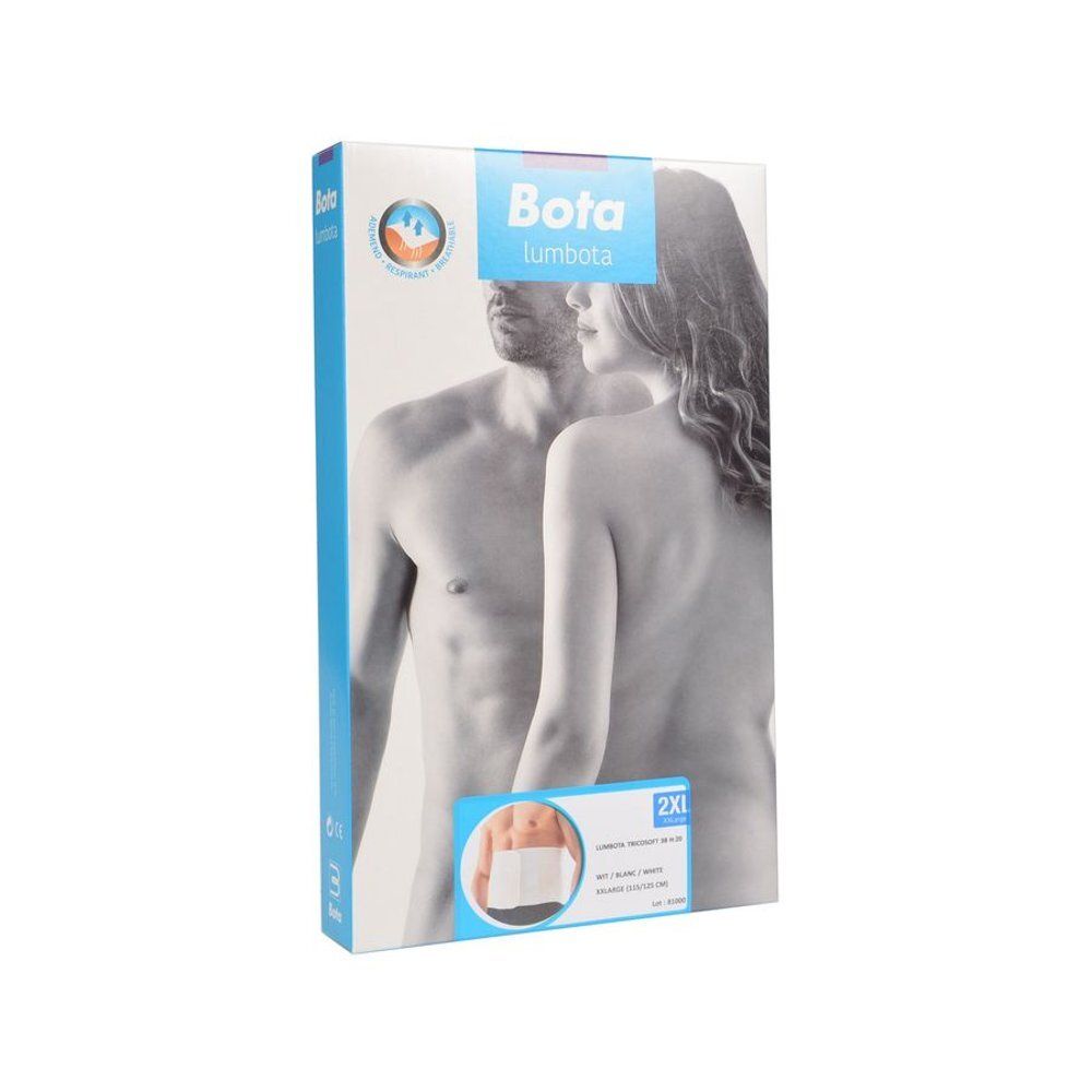 Emballage Bota Lumbota. Inscription Bota Lumbota, 2XL. Illustration homme et femme. Image produit : ceinture lombaire blanche.