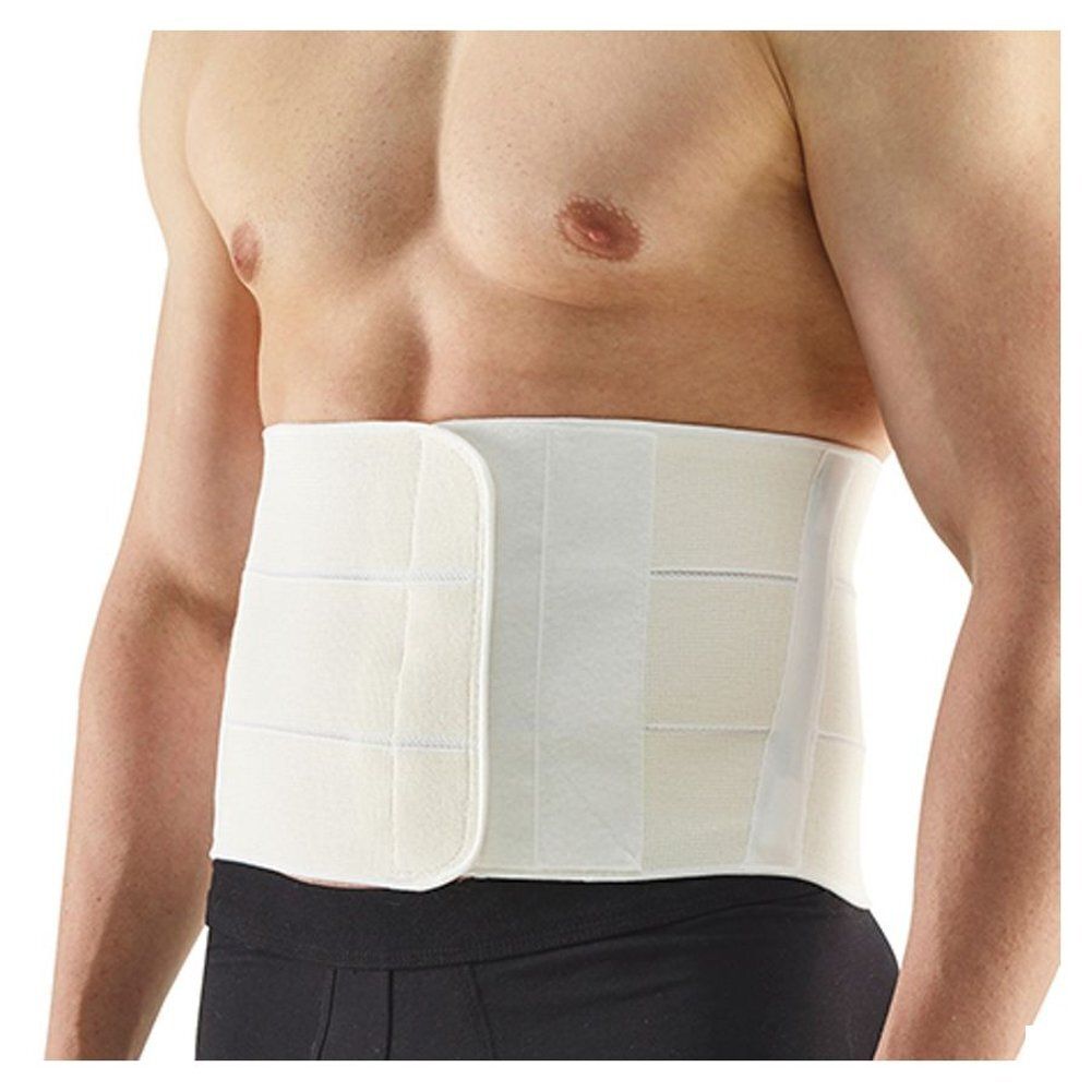 Ceinture lombaire blanche. Vue du produit. Fermeture velcro. Matière à motifs carrés. Porteur portant la ceinture.