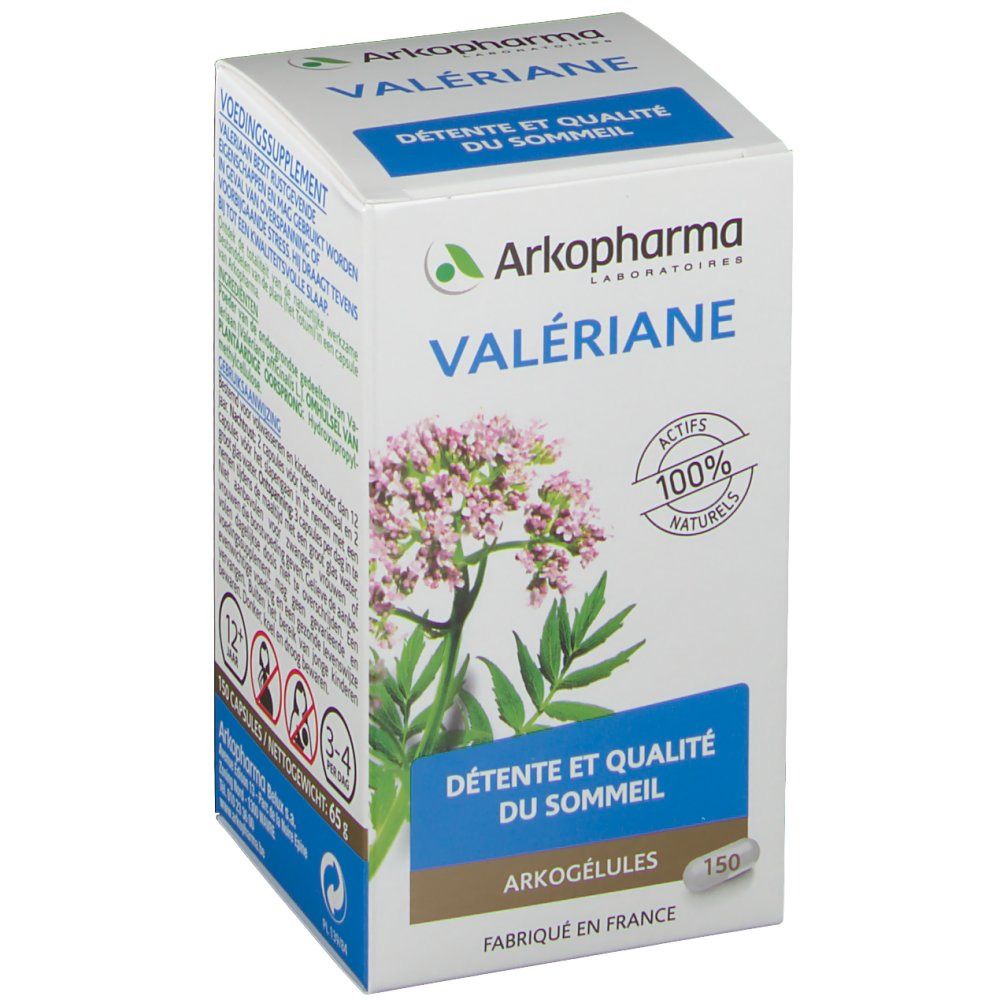 Boîte de Arkogelules Valeriane. Inscription: Valeriane, Détente et qualité du sommeil, 150 gélules. Actifs 100% naturels.