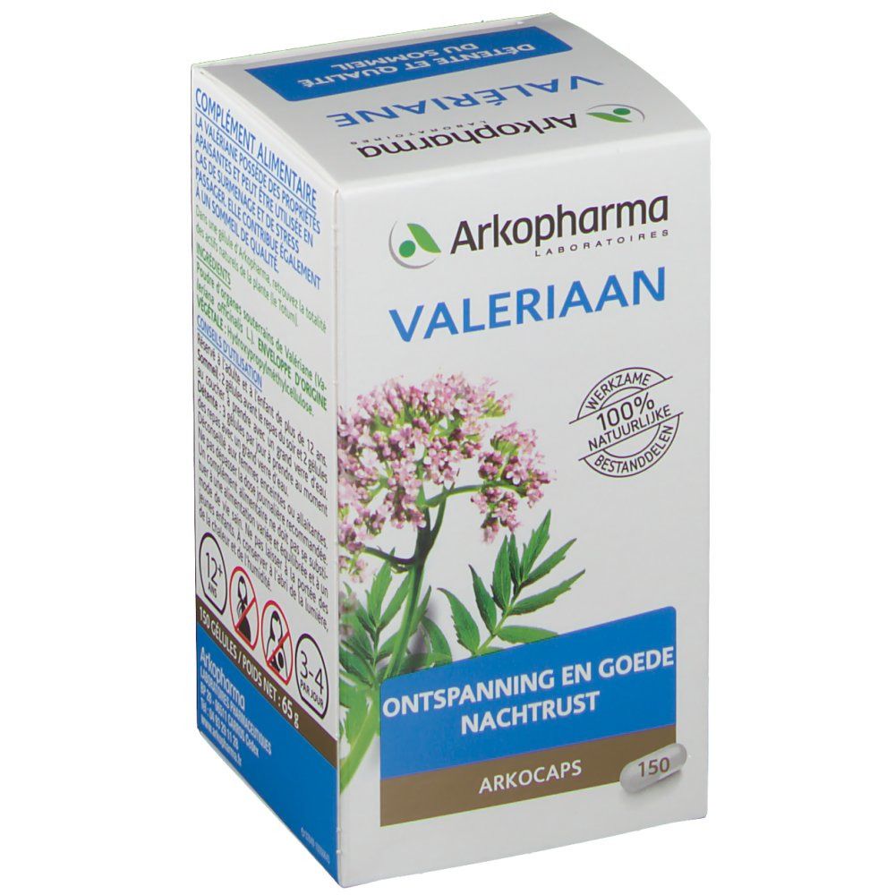 Boîte de Valeriaan Arkocaps. Inscription: Valeriaan, Ontspanning en goede nachtrust, 150 capsules. 100% natuurlijke bestanddelen.