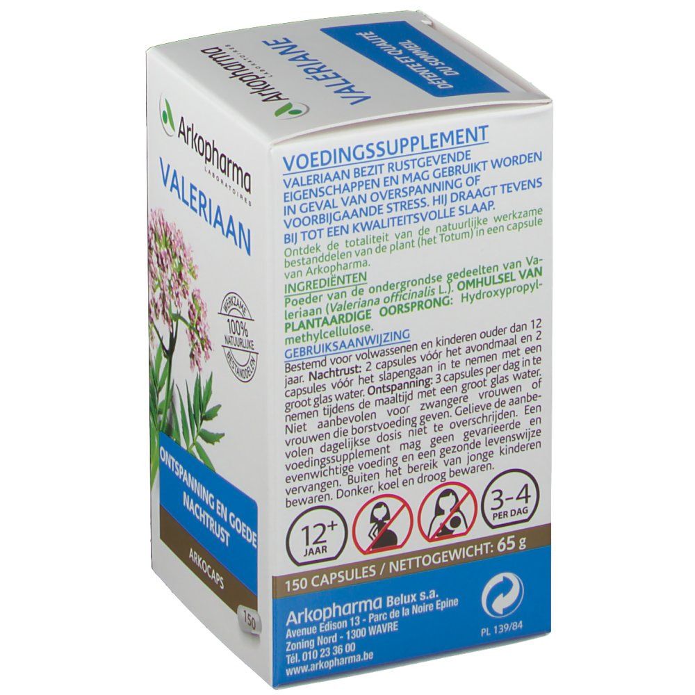 Dos de la boîte Valeriaan Arkocaps. Texte: Voedingssupplement, 150 capsules, 65g. Illustrations: 12+ ans, 3-4 par jour.
