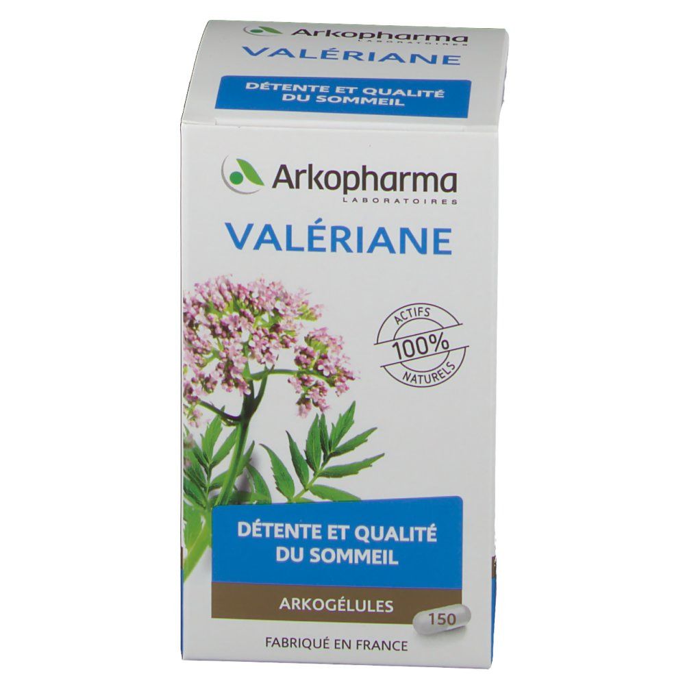 Boîte de Arkogelules Valeriane. Inscription: Valeriane, Détente et qualité du sommeil, 150 gélules. Actifs 100% naturels.