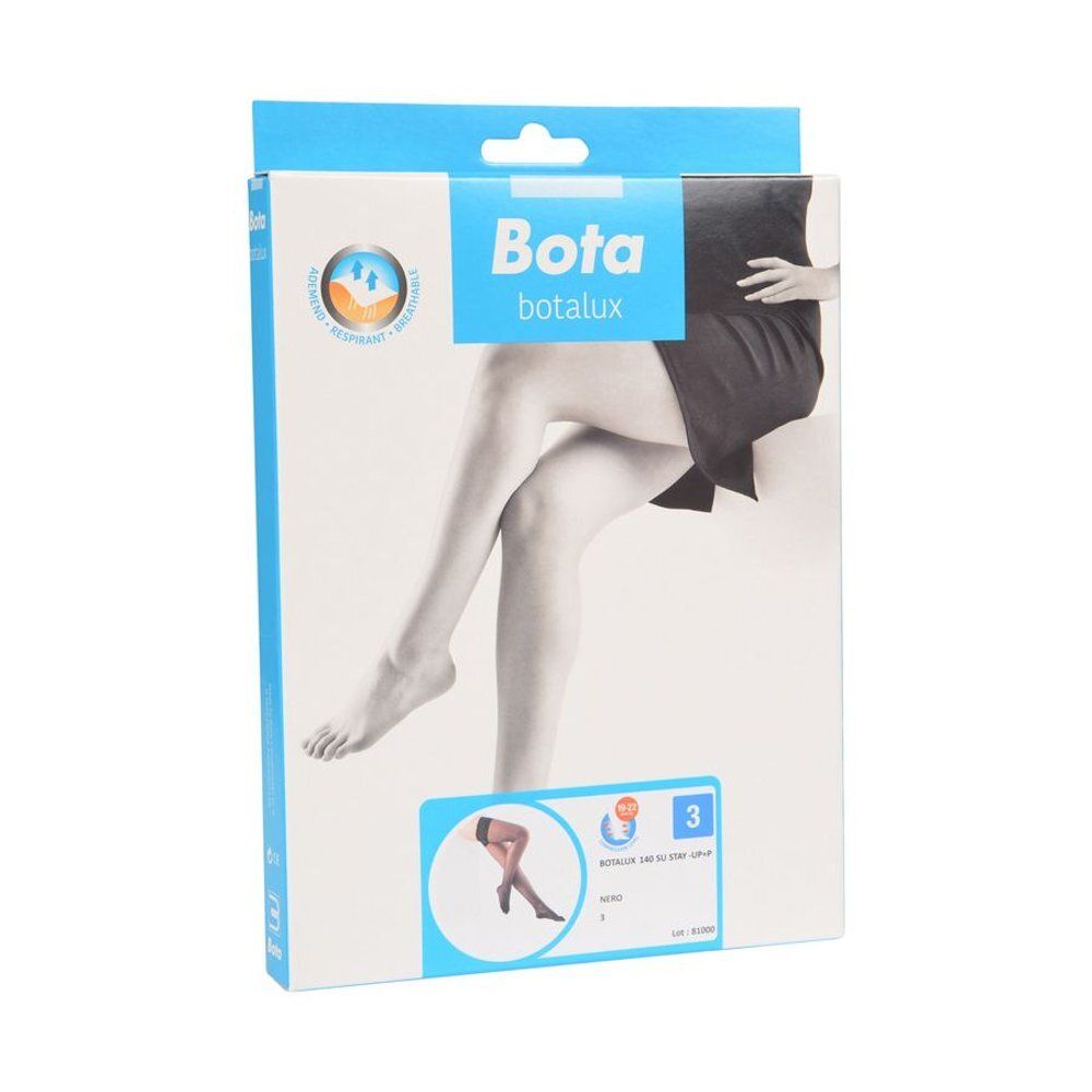 Bas Bota Botalux, couleur noire. Vue des jambes avec dentelle. Nom du produit partiellement visible.