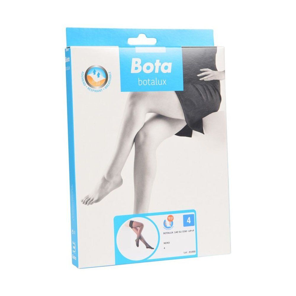 Emballage de bas Bota Botalux. Taille 4, noir. Illustration de jambes. Certification visible.