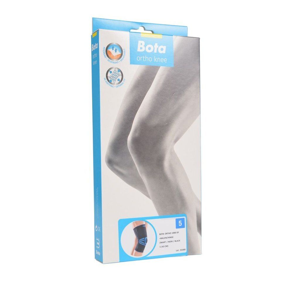 Emballage Bota Ortho Knee, taille 5. Image d'une jambe. Illustration du produit : genouillère. Texte : Bota Ortho Knee.