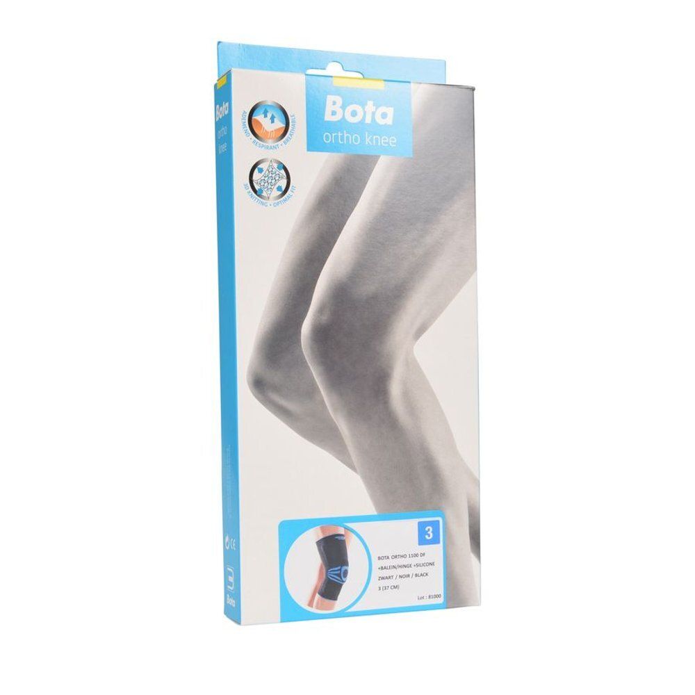 Emballage de genouillère Bota Ortho Knie. Boîte avec image du produit et logo. Taille 3.