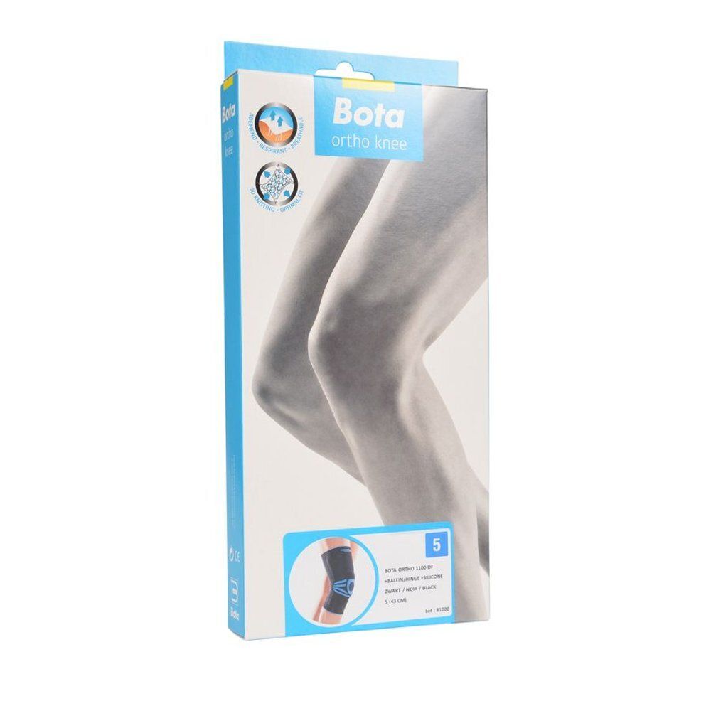 Genouillère Bota Ortho Knee, taille 5, noire, dans son emballage. Boîte avec illustration et informations produit.