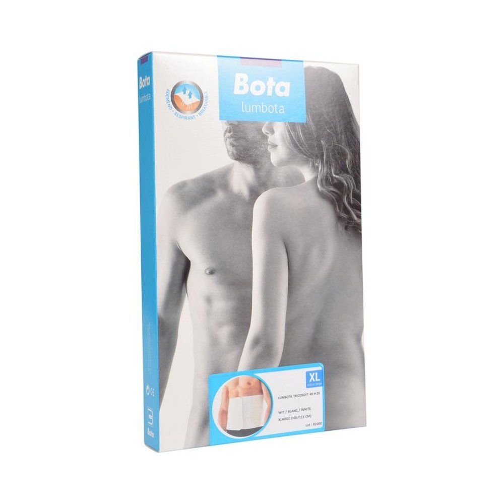 Emballage Bota Lumbota. Vue de face et en biais. Image d'un couple. Image du produit en bas à droite. Texte: XL.