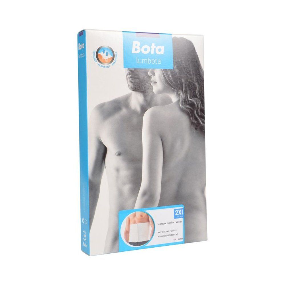 Emballage Bota Lumbota. Inscription Bota Lumbota, 2XL. Illustration homme et femme. Image du produit en bas.