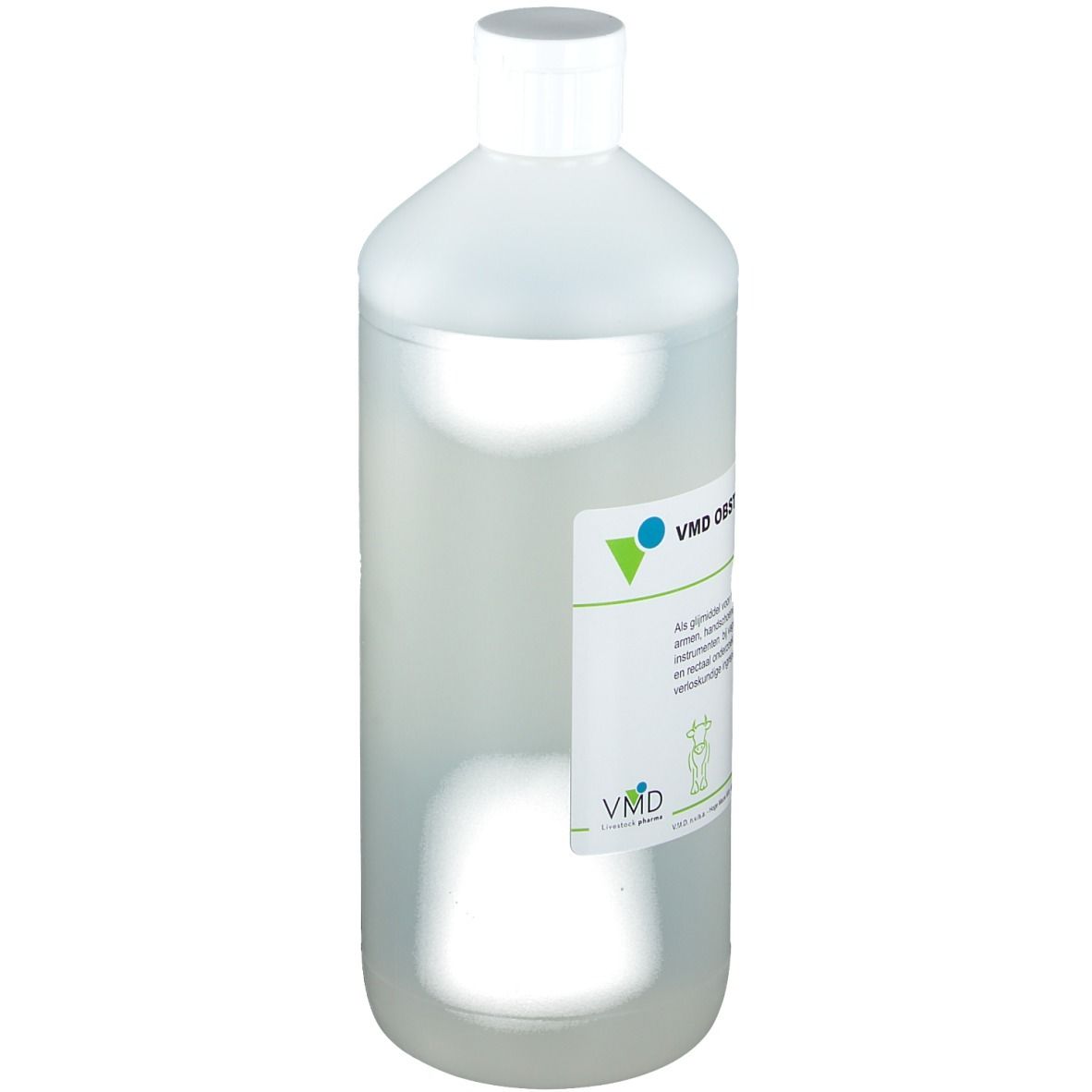 Flacon transparent avec bouchon blanc. Étiquette avec nom du produit: VMD Obstetric Gel. Texte en plusieurs langues.