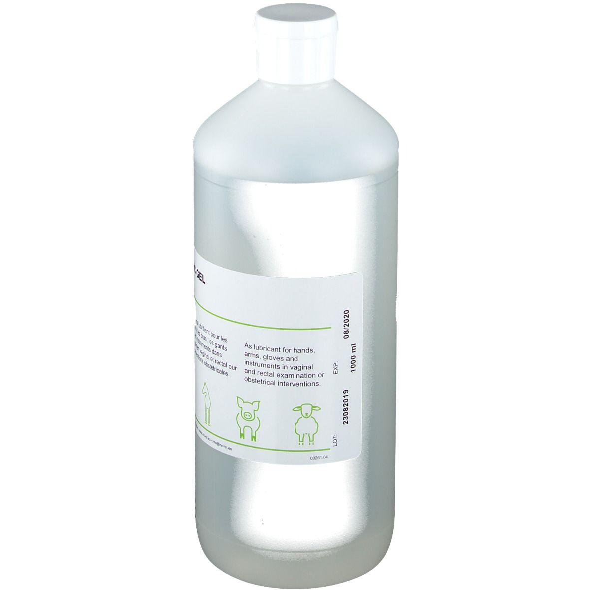 Flacon transparent avec bouchon blanc. Étiquette avec nom du produit: VMD Obstetric Gel. Texte en plusieurs langues. Volume: 1000 ml.