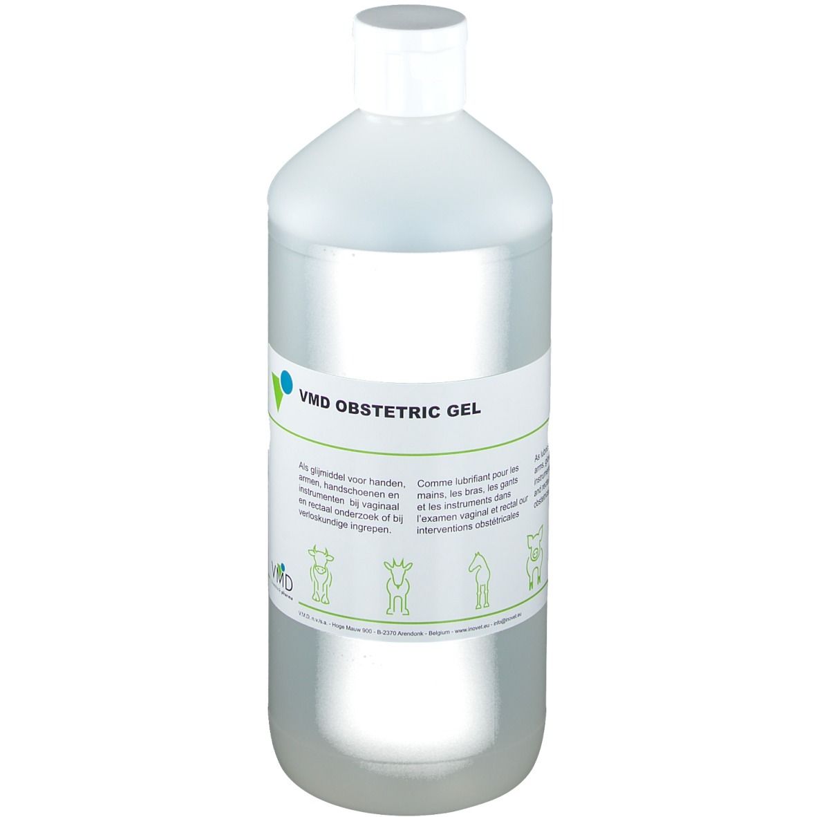 Flacon transparent avec bouchon blanc. Étiquette avec nom du produit: VMD Obstetric Gel. Texte en plusieurs langues.