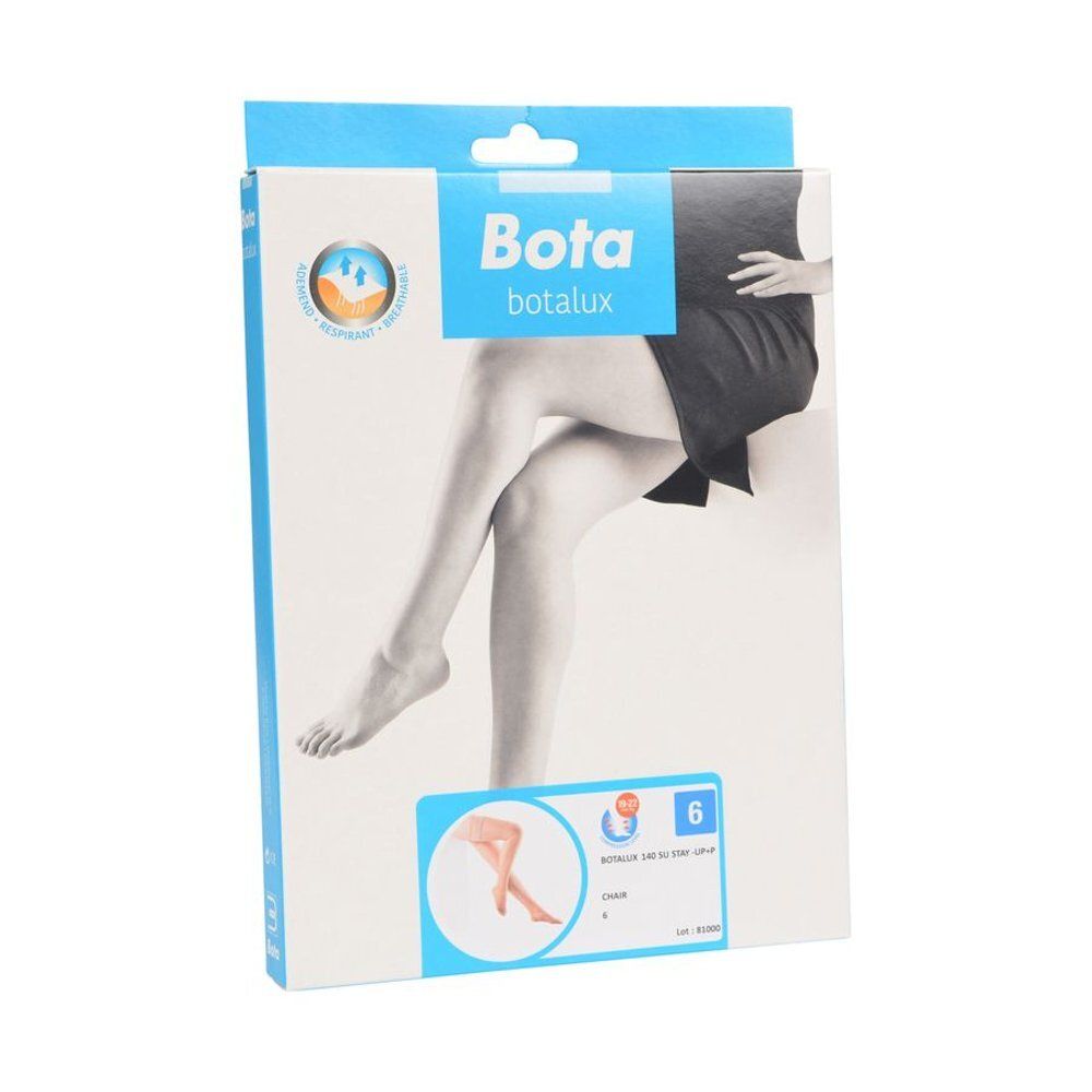 Emballage Botalux 140 Stay-up Chair. Inscription : Bota, Botalux, taille 6, couleur de peau N6. Illustration de jambes.