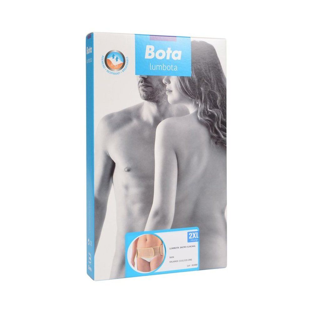 Ceinture lombaire beige, avec fermeture velcro. Portée sur le corps d'une personne.