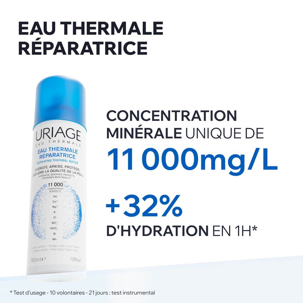 URIAGE Eau Thermale Réparatrice Spray, 100 ml. Concentration 11000mg/L, +32% hydratation en 1h.