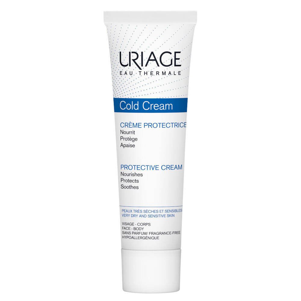 Tube de crème URIAGE Cold Cream. Inscriptions en français et anglais. Fond blanc, bouchon blanc.