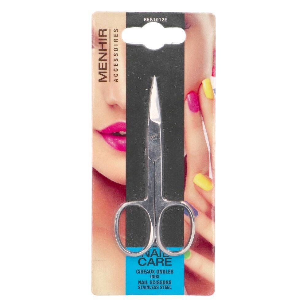 Ciseaux à ongles en emballage. Acier inoxydable argenté. Inscription: Menhir Accessoires, Nail Care.
