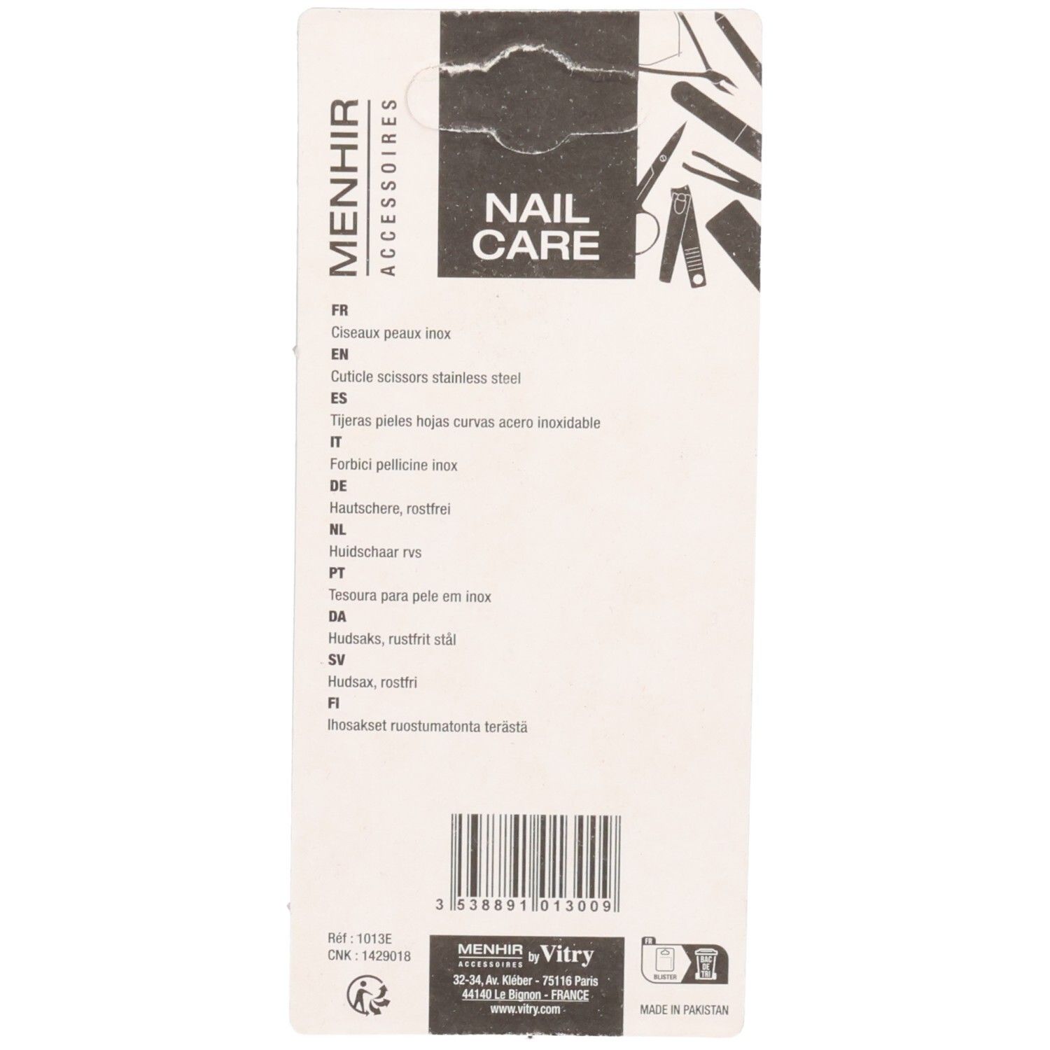 Dos de l'emballage des ciseaux à cuticules. Nom du produit et marque. Descriptions multilingues.