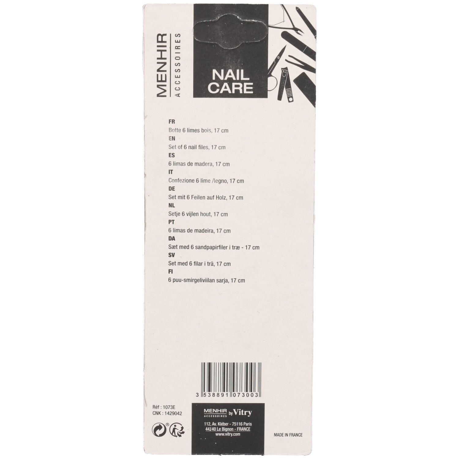 Dos de l'emballage. Texte: Menhir Accessoires, Nail Care. Informations produit en plusieurs langues.