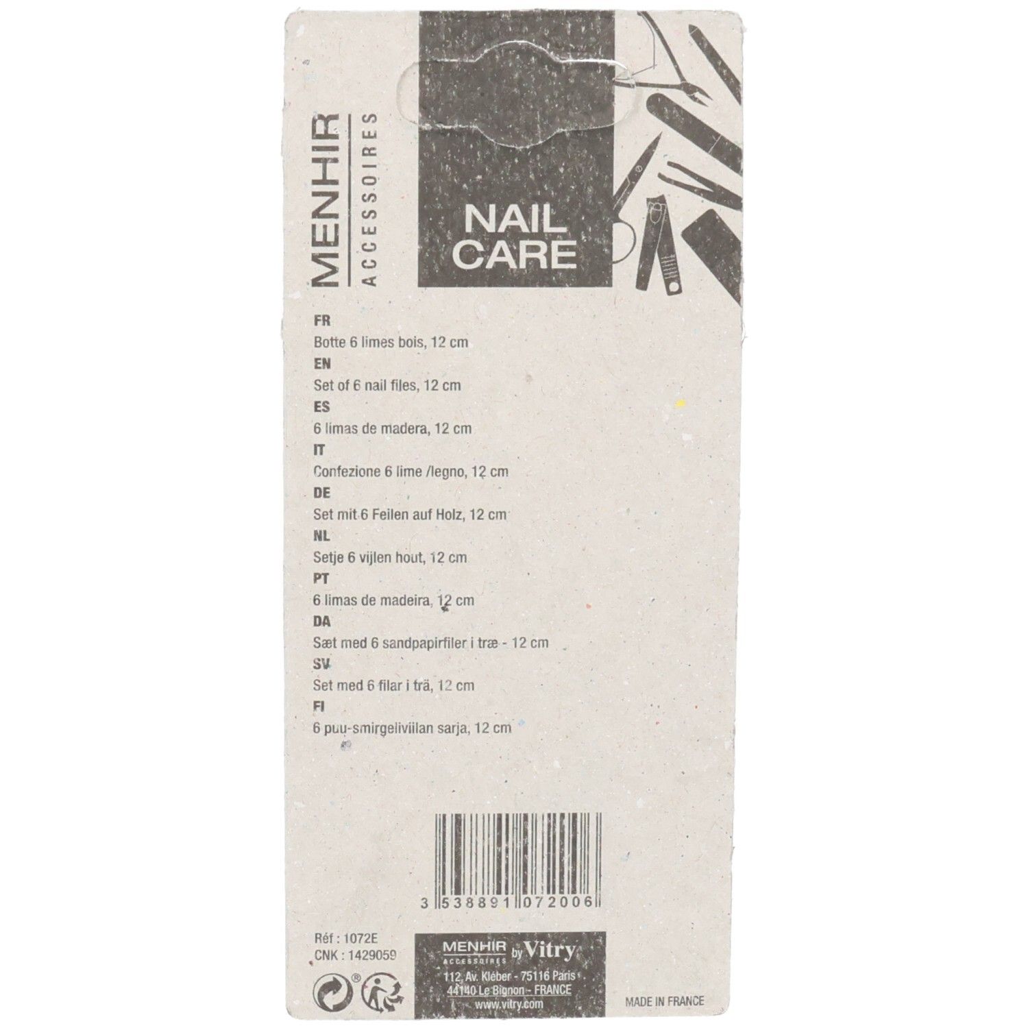Dos de l'emballage. Texte: Menhir Accessoires, Nail Care. Liste de limes à ongles en plusieurs langues. Code-barres et origine: France.