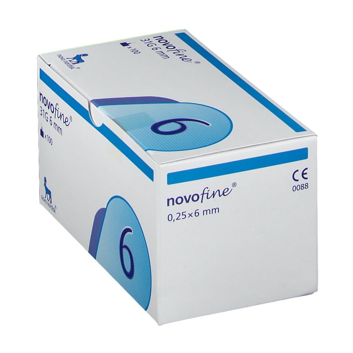 Boîte NovoFine 31G 6 mm. Inscription : 31G 6 mm, 0,25x6 mm, CE 0088, chiffre 6. Boîte blanche avec graphique bleu.