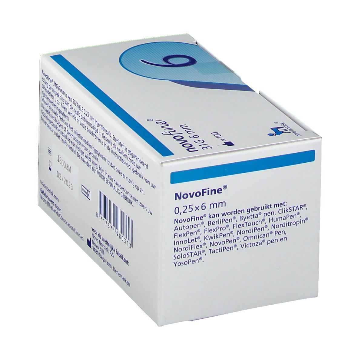 Boîte NovoFine 31G 6 mm. Inscription : 31G 6 mm, x100, 03/2023. Boîte blanche avec graphique bleu et texte.
