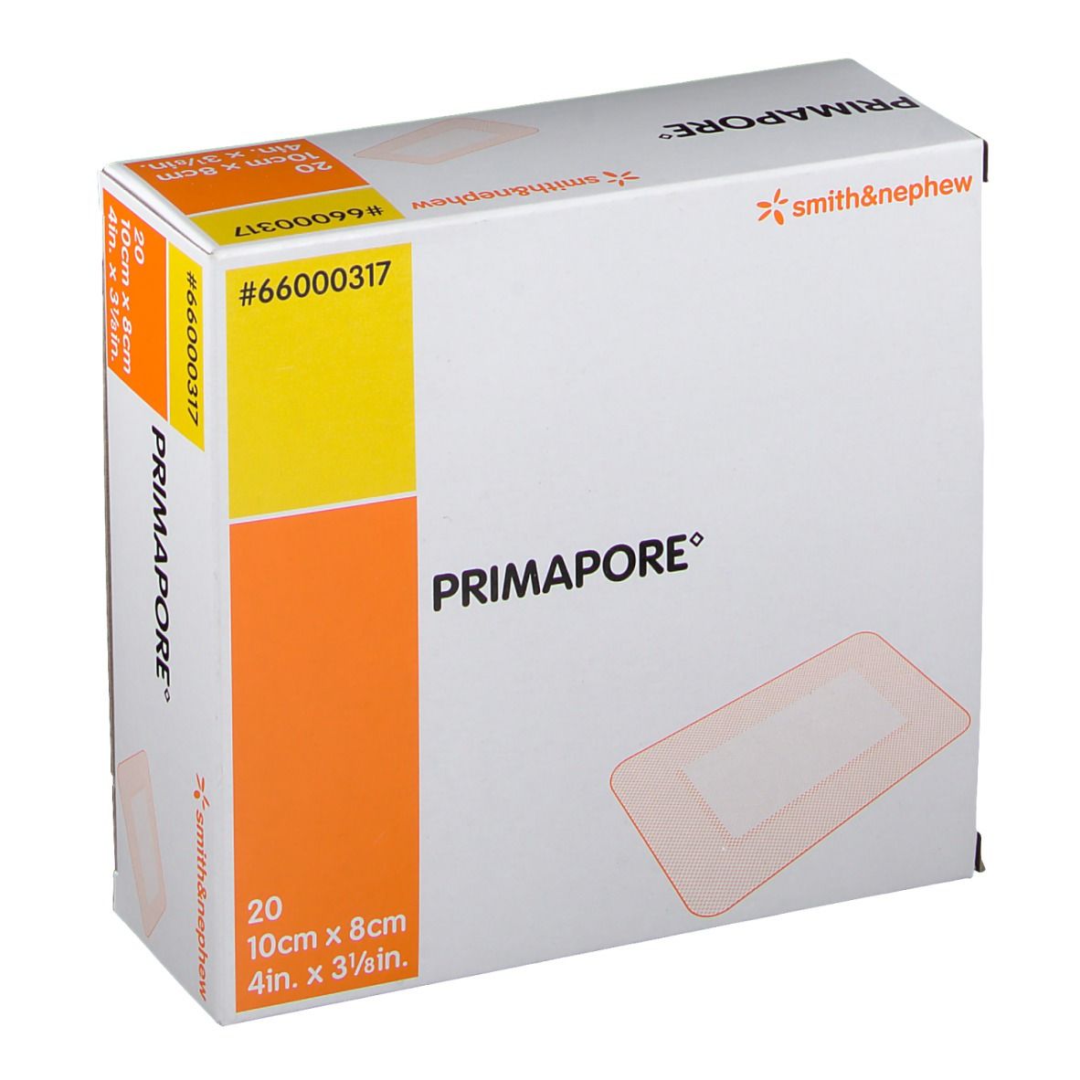 Boîte de 20 pansements Primapore. Dimensions : 10cm x 8cm. Marque Smith & Nephew. Accents orange et jaune.