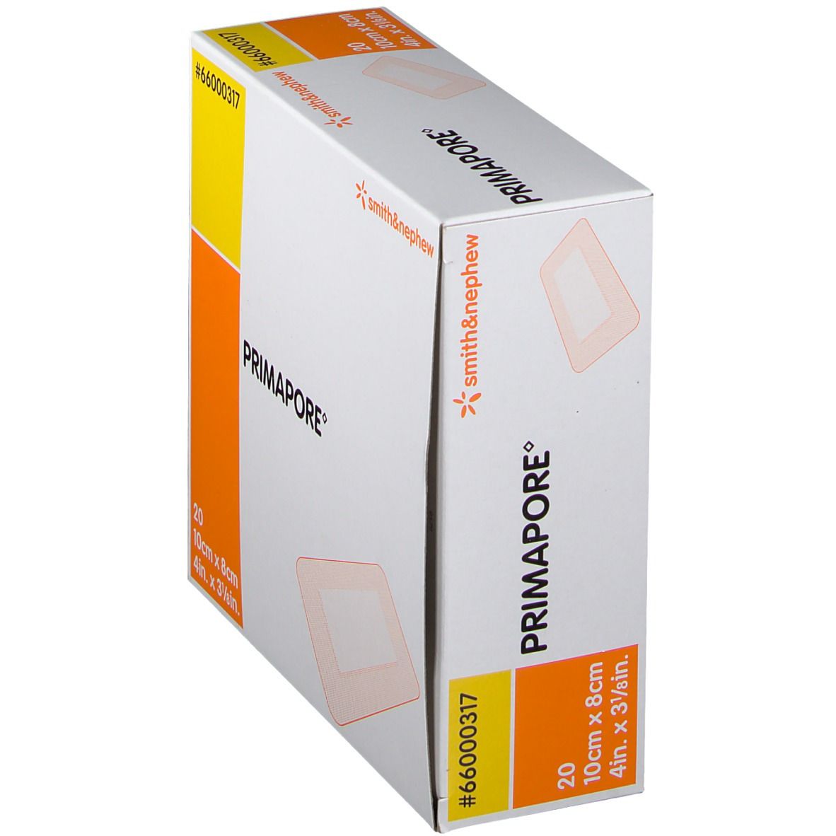 Boîte inclinée de 20 pansements Primapore. Dimensions : 10cm x 8cm. Marque Smith & Nephew. Orange et jaune.