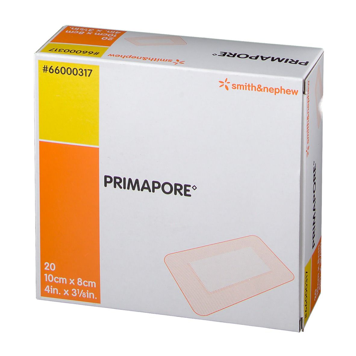 Boîte de 20 pansements Primapore. Dimensions : 10cm x 8cm. Marque Smith & Nephew. Accents orange et jaune.