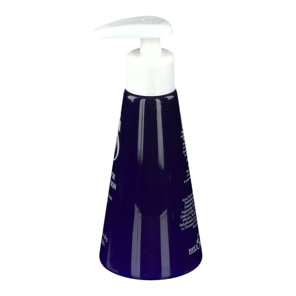 Flacon bleu avec pompe blanche. Dos avec ingrédients et instructions. Marque: HERÔME.