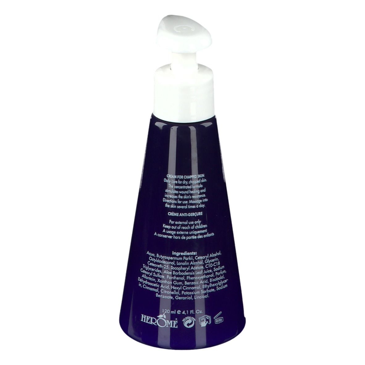 Flacon bleu avec pompe blanche. Dos avec ingrédients et instructions. Marque: HERÔME.