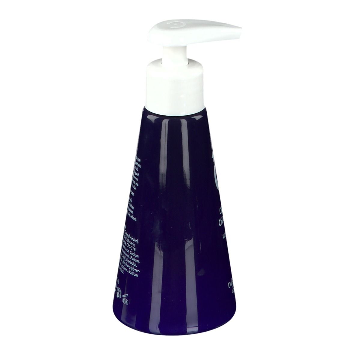 Flacon bleu avec pompe blanche. Dos avec ingrédients et instructions. Marque: HERÔME.