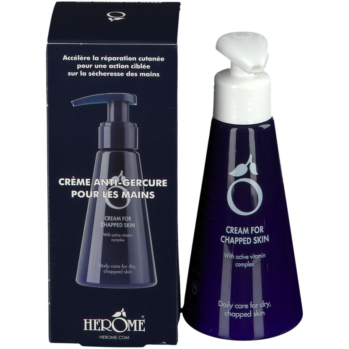 Emballage et flacon. Inscription: Crème Anti-Gerçure pour les mains. Marque: HERÔME. Flacon avec pompe.