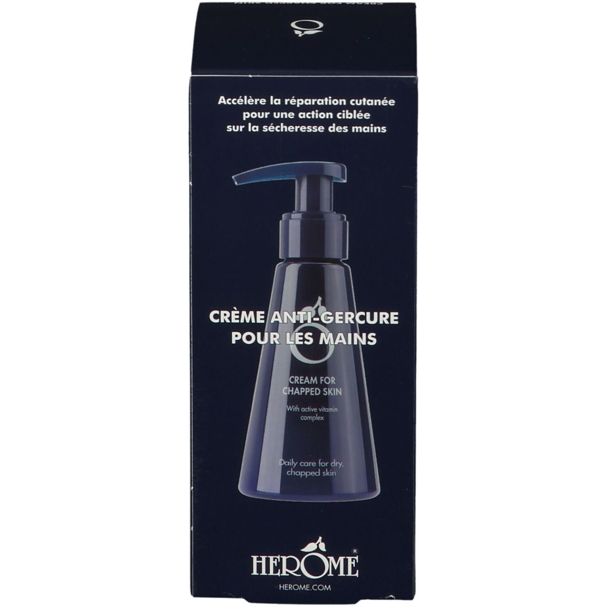 Emballage. Inscription: Crème Anti-Gerçure pour les mains. Marque: HERÔME. Flacon avec pompe.