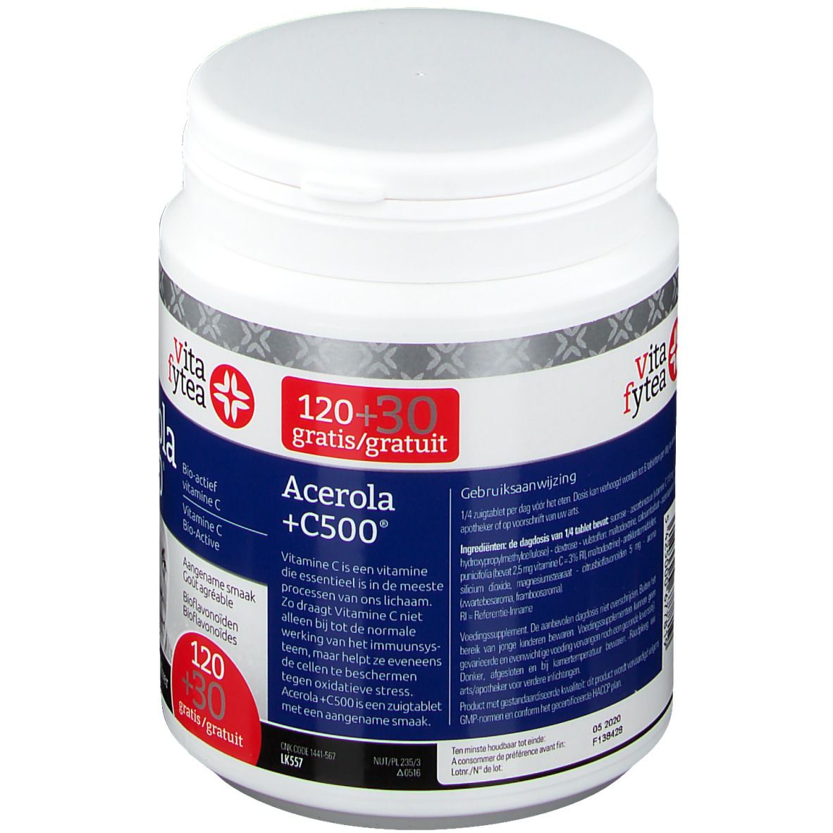 Boîte blanche avec étiquette rouge. Inscription: Acerola +C500, Vita fytea. Contient 120+30 comprimés. Texte en plusieurs langues.