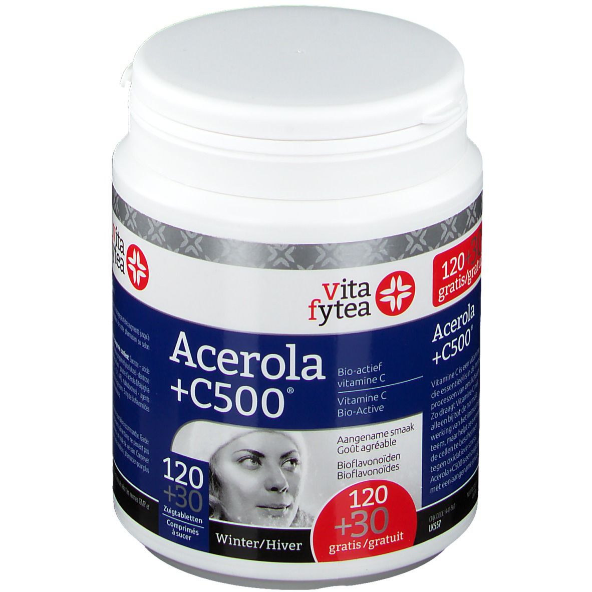 Boîte blanche avec étiquette rouge. Inscription: Acerola +C500, Vita fytea. Contient 120+30 comprimés. Image d'une femme.