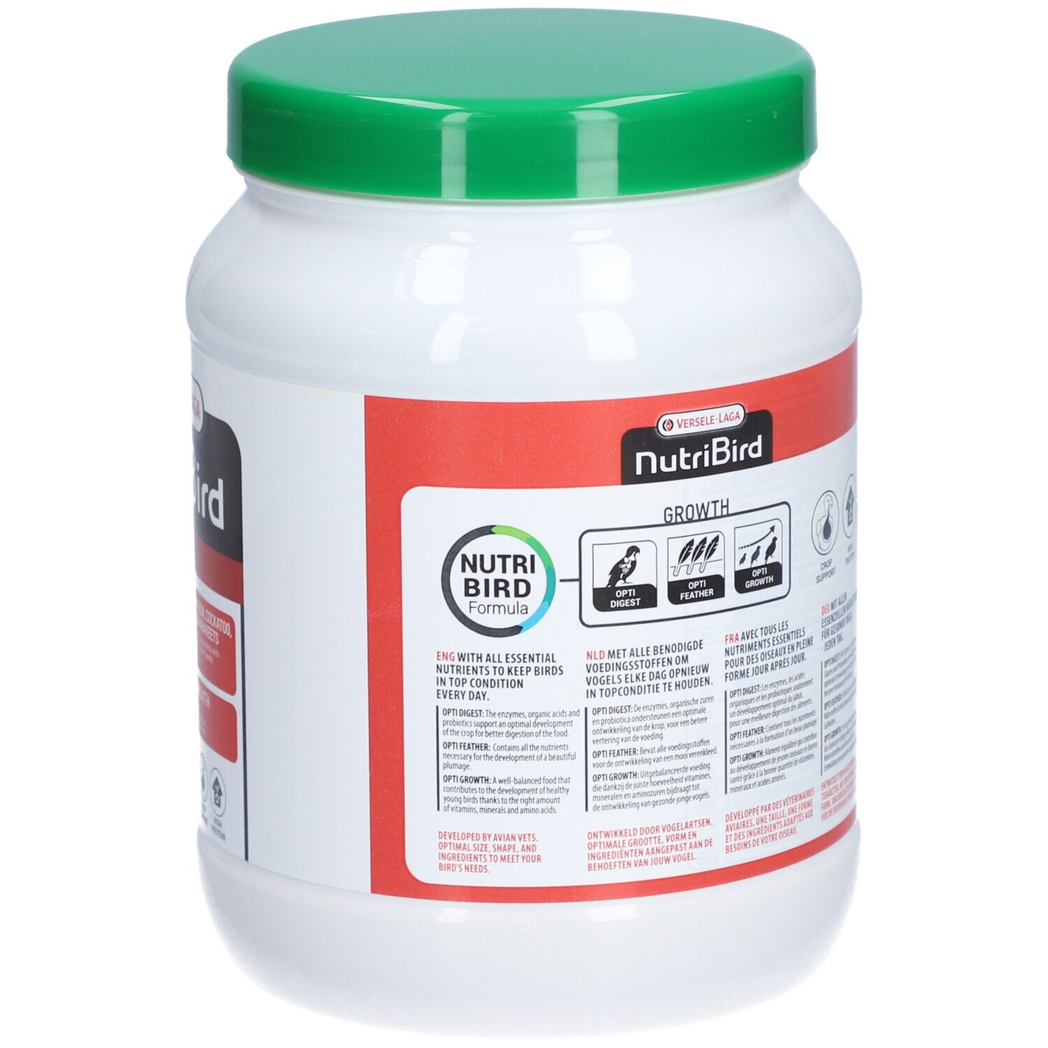 Récipient blanc avec couvercle vert. Inscription: NutriBird A21, Hand-Rearing All-in-one. Contient de la nourriture pour Amazones, cacatoès et grandes perruches.