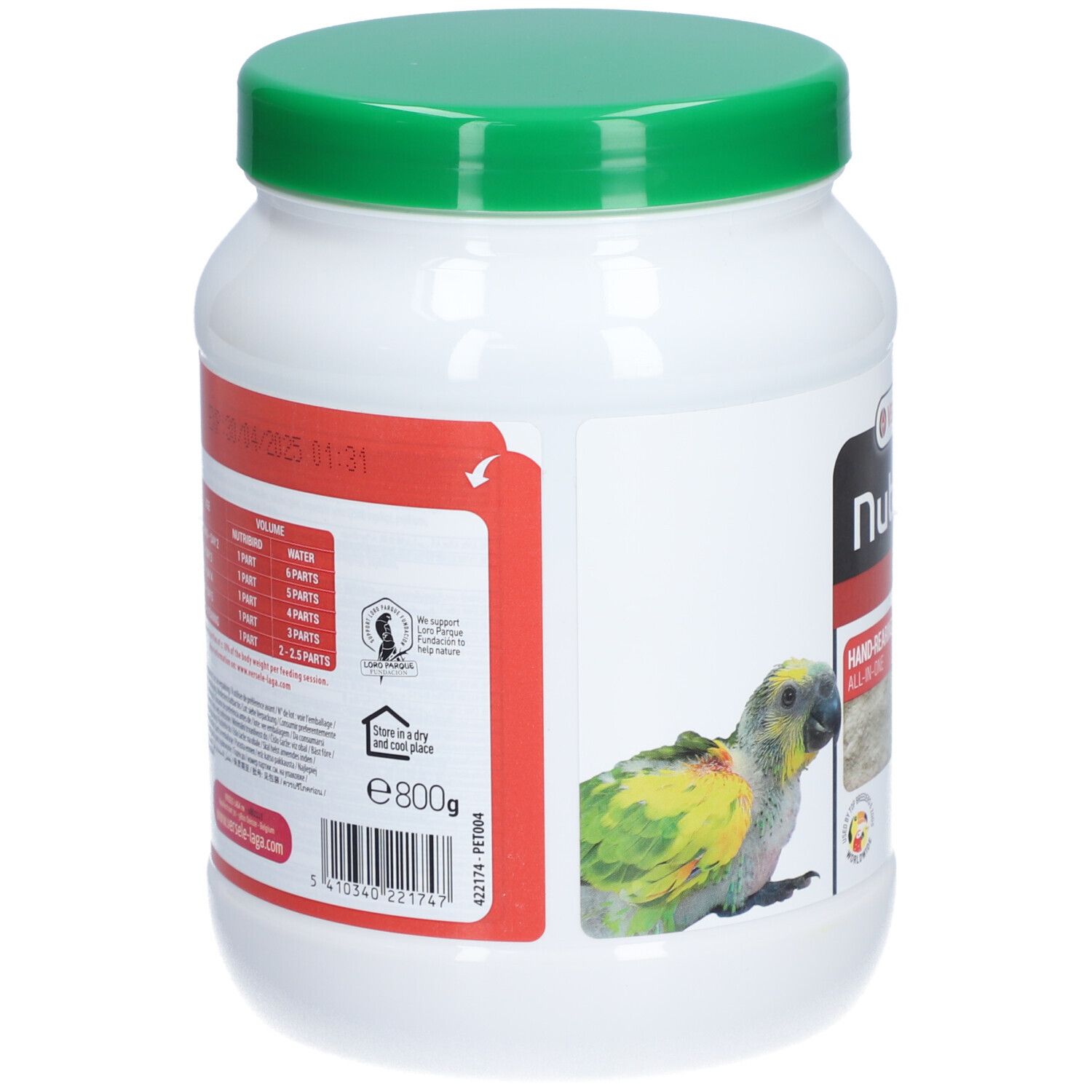 Récipient blanc avec couvercle vert. Dos avec informations. Contient 800g. Avec informations sur les ingrédients et recommandations d'alimentation.