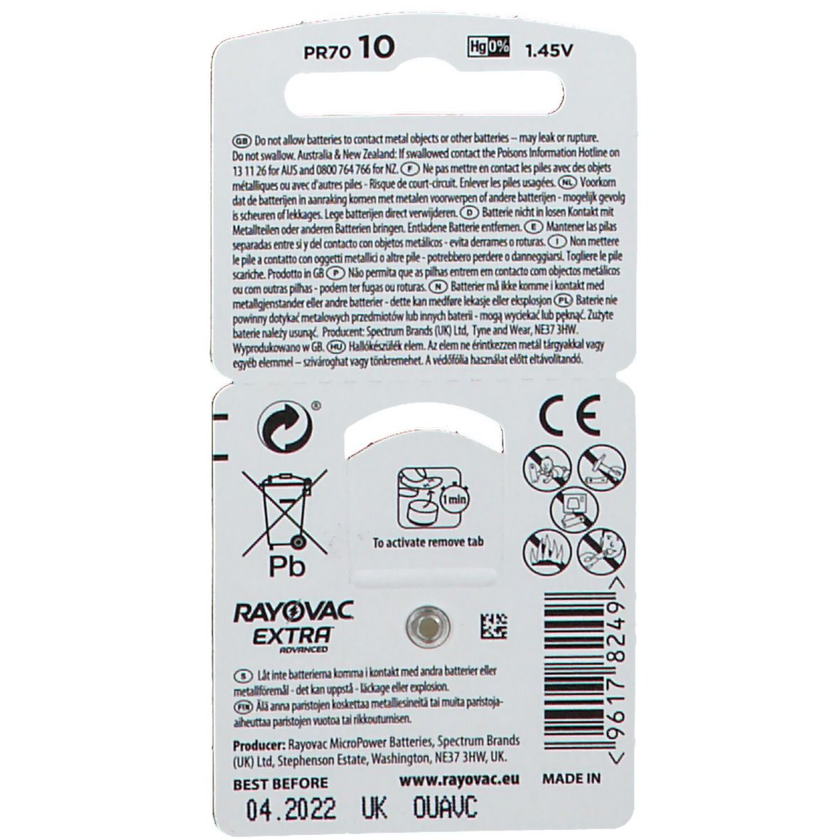 RAYOVAC EXTRA ADVANCED Piles Taille 10