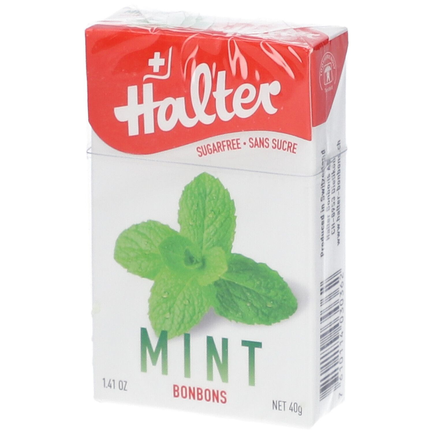 Boîte de bonbons Halter Mint. Emballage rouge et blanc avec illustration de feuilles de menthe. Inscription : Sans sucre.