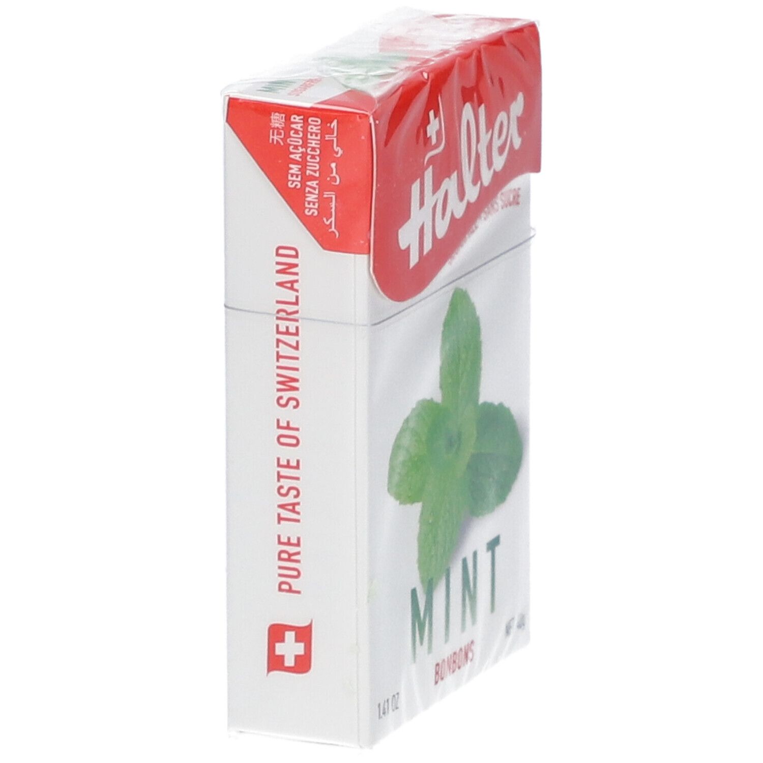 Emballage de bonbons Halter Mint. Boîte rouge et blanche, vue latérale. Texte : Pure Taste of Switzerland. Illustration de menthe.