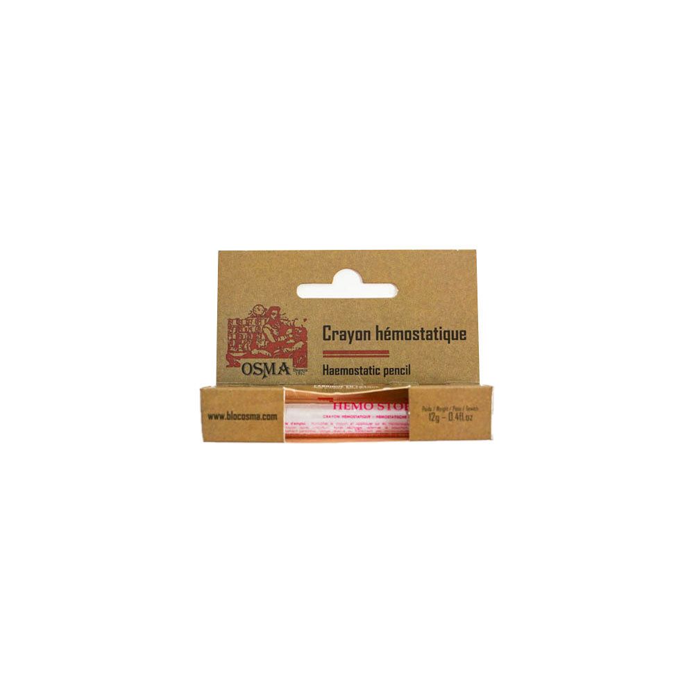 Emballage ouvert avec crayon hémostatique. Inscriptions : OSMA, Crayon hémostatique. Emballage marron.