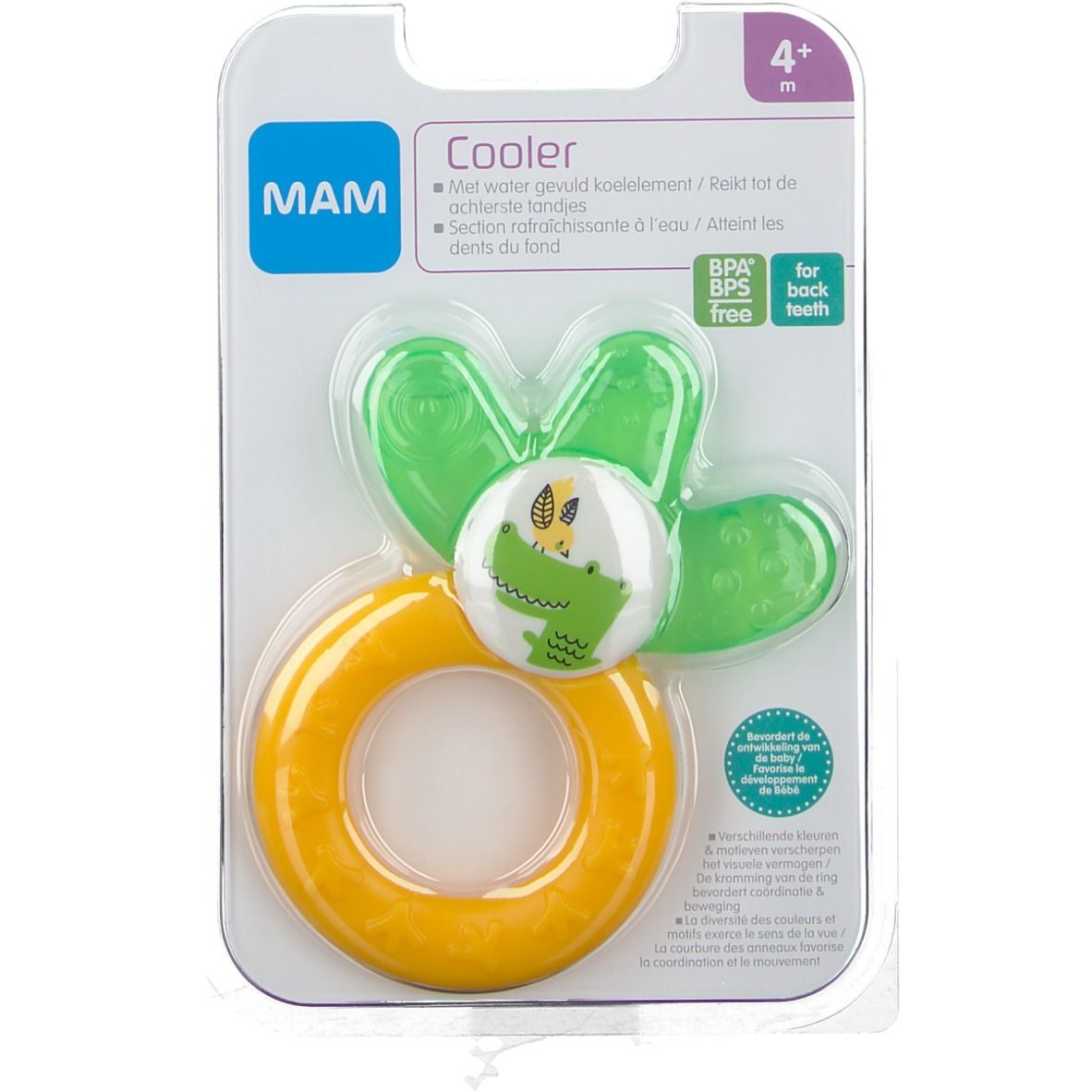 Anneau jaune, feuilles vertes, centre blanc avec crocodile. Emballage MAM, sans BPA.