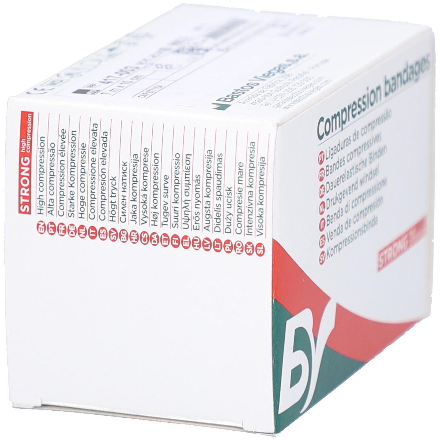 Boîte avec 'Compression bandages' en plusieurs langues. Logo 'BS' et bande rouge. 'STRONG high compression'.